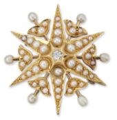 A LATE 19TH CENTURY DIAMOND AND SEED PEARL STAR BROOCH
