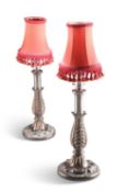 A PAIR OF OLD SHEFFIELD PLATE TABLE LAMPS, CIRCA 1835