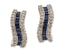 A PAIR OF 18 CARAT WHITE GOLD SAPPHIRE AND DIAMOND HALF HOOP EARRINGS
