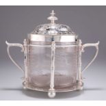 A LATE VICTORIAN SILVER-PLATED AND GLASS BISCUIT BOX