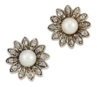 A PAIR OF CULTURED PEARL AND DIAMOND FLORAL CLUSTER EARRINGS