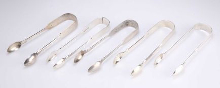 FIVE PAIRS OF EXETER SILVER SUGAR TONGS, WILLIAM IV AND LATER