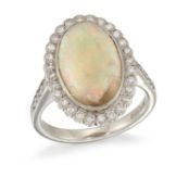 A PLATINUM OPAL AND DIAMOND CLUSTER RING