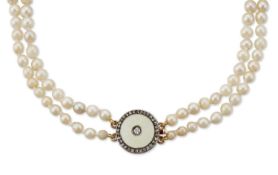 A CULTURED PEARL NECKLACE WITH AN ENAMEL AND DIAMOND CLASP