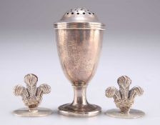A PAIR OF ELIZABETH II SILVER MENU HOLDERS AND AN UNMARKED PEPPER POT
