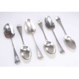 A GROUP OF SIX 18TH CENTURY SILVER OLD ENGLISH HAVOVERIAN PATTERN TABLE SPOONS