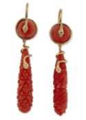 A MATCHED PAIR OF MID 19TH CENTURY CORAL PENDANT EARRINGS
