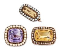 THREE 19TH CENTURY GEMSTONE AND SEED PEARL BROOCHES