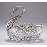 A CONTINENTAL SILVER-MOUNTED GLASS SWAN DISH