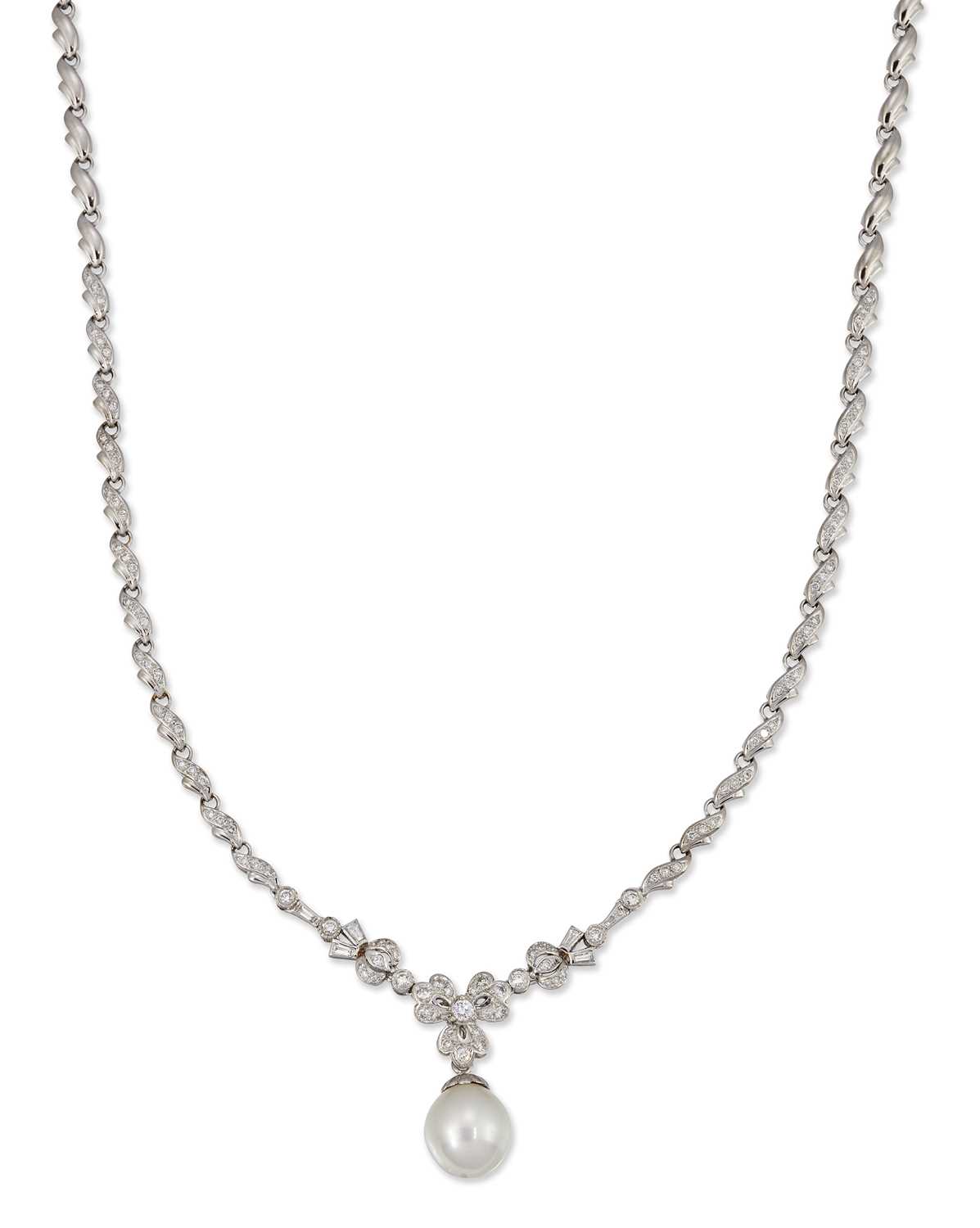 A CULTURED PEARL AND DIAMOND NECKLACE