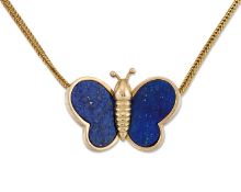 A LAPIS LAZULI BUTTERFLY PENDANT ON CHAIN