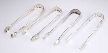 FOUR PAIRS OF GLASGOW SILVER SUGAR TONGS, GEORGE III AND LATER