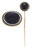 A VICTORIAN BANDED AGATE BROOCH, AND STICK PIN