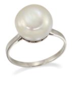 A CULTURED BUTTON PEARL RING