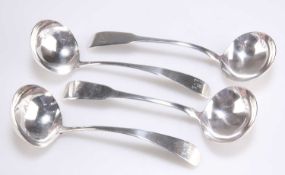 TWO PAIRS OF EARLY 19TH CENTURY IRISH SILVER SAUCE LADLES
