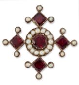 AN EARLY 19TH CENTURY GARNET AND SEED PEARL CROSS BROOCH