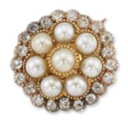 A SPLIT PEARL AND DIAMOND CLUSTER BROOCH / PENDANT