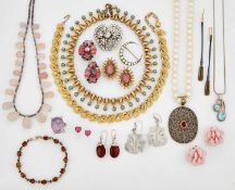 A RUBY, DIAMOND AND CULTURED PEARL NECKLACE; AND A QUANTITY OF COSTUME JEWELLERY