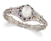 A MOONSTONE, SYNTHETIC SAPPHIRE AND MARCASITE HINGE OPENING BANGLE