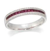 AN 18 CARAT WHITE GOLD RUBY AND DIAMOND HALF HOOP RING