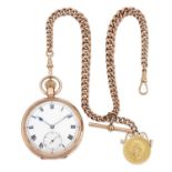 A 9 CARAT GOLD POCKET WATCH WITH DOUBLE ALBERT CHAIN