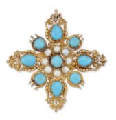 A 19TH CENTURY TURQUOISE AND SPLIT PEARL CROSS BROOCH