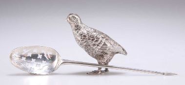 A MID-18TH CENTURY SILVER MOTE SPOON AND A SMALL SILVER MODEL OF A GROUSE