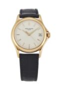 A GENT'S 18 CARAT GOLD PATEK PHILIPPE CALATRAVA STRAP WATCH