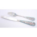 A RUSSIAN SILVER AND ENAMEL KNIFE AND FORK