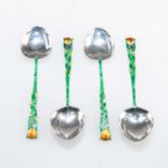 A SET OF FOUR ART DECO SILVER AND ENAMEL SPOONS