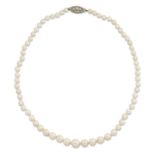 A CULTURED PEARL NECKLACE WITH A DIAMOND SET CLASP