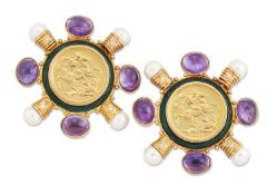 A PAIR OF AMETHYST, PEARL, DIAMOND, ENAMEL AND SOVEREIGN COIN CLIP BROOCHES