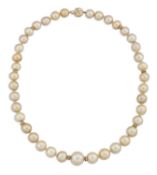 A GOLDEN SOUTH SEA CULTURED PEARL AND DIAMOND NECKLACE
