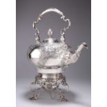 A GEORGE II SCOTTISH SILVER KETTLE ON LAMPSTAND