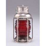 A VICTORIAN SILVER AND RUBY GLASS NOVELTY TABLE LIGHTER