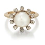 A CULTURED PEARL AND DIAMOND CLUSTER RING