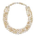 A TRIPLE STRAND GOLDEN SOUTH SEA CULTURED PEARL AND DIAMOND NECKLACE