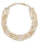 A TRIPLE STRAND GOLDEN SOUTH SEA CULTURED PEARL AND DIAMOND NECKLACE
