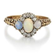 AN EARLY 20TH CENTURY OPAL AND DIAMOND CLUSTER RING