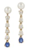 A PAIR OF CULTURED PEARL, DIAMOND AND SAPPHIRE PENDANT EARRINGS