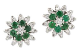 A PAIR OF 18 CARAT WHITE GOLD EMERALD AND DIAMOND CLUSTER EARRINGS
