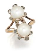 A CULTURED PEARL AND DIAMOND DOUBLE CLUSTER RING