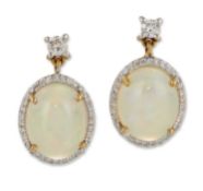 A PAIR OF OPAL AND DIAMOND CLUSTER PENDANT EARRINGS