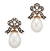 A PAIR OF CULTURED PEARL AND DIAMOND PENDANT EARRINGS