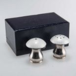 A PAIR OF DANISH STERLING SILVER AND ENAMEL MUSHROOM-FORM SALT AND PEPPER POTS