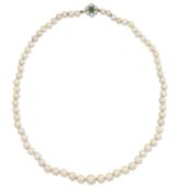A CULTURED PEARL NECKLACE WITH AN 18 CARAT WHITE GOLD EMERALD AND DIAMOND CLASP
