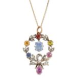 A MULTICOLOURED SAPPHIRE, GEMSTONE AND DIAMOND WREATH PENDANT ON CHAIN