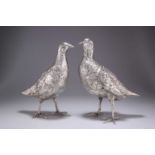 A PAIR OF CONTINENTAL SILVER GROUSE TABLE ORNAMENTS