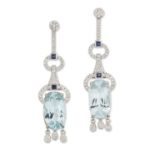 A PAIR OF AQUAMARINE AND DIAMOND PENDANT EARRINGS