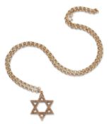 A 9 CARAT GOLD STAR OF DAVID PENDANT ON A BELCHER LINK CHAIN